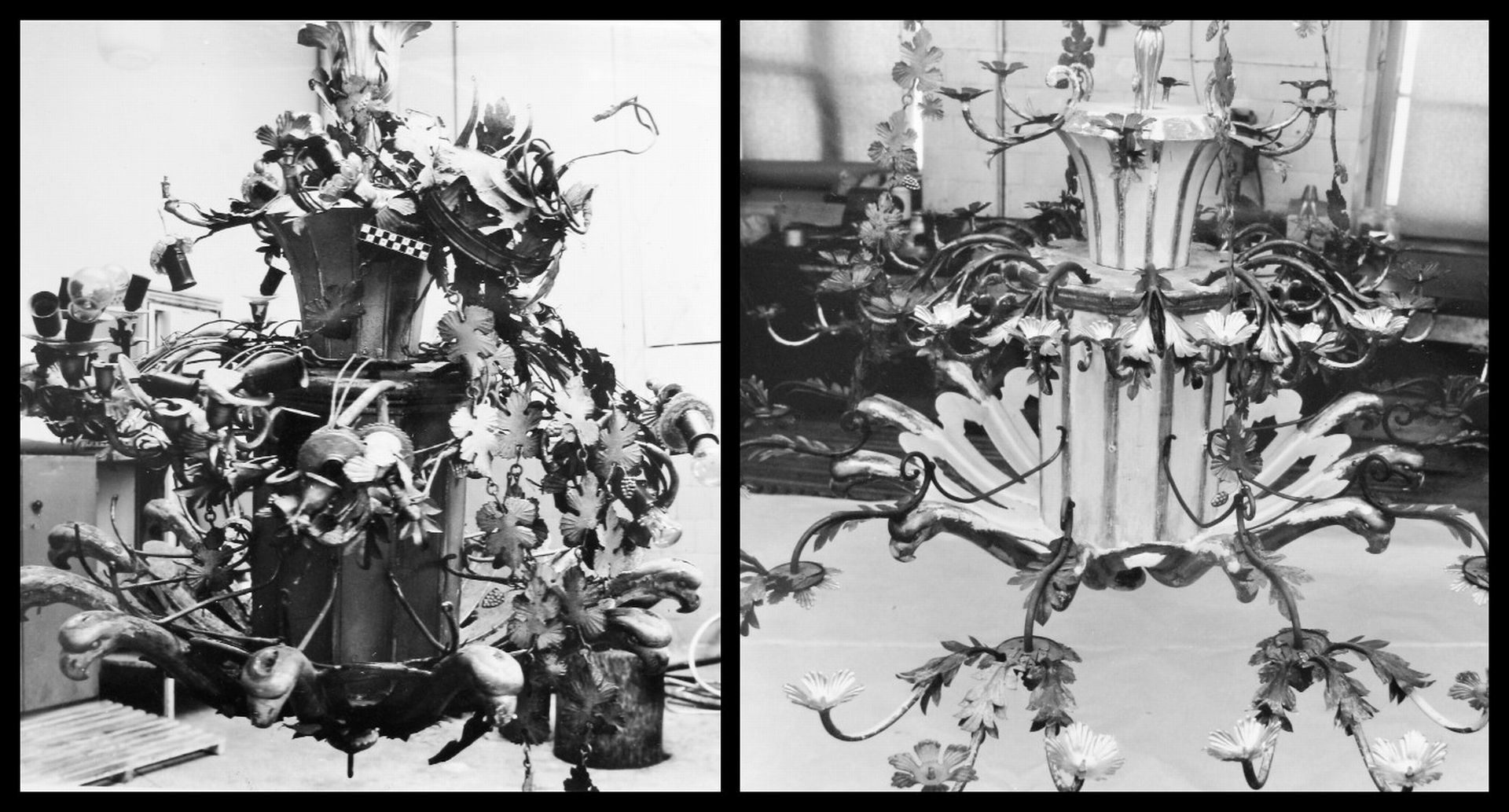 Chandelier before and after restoration, 1985–1988, in: Lietuvos dailės muziejaus Prano Gudyno restauravimo centras, f. 1, ap. 1, b. 255